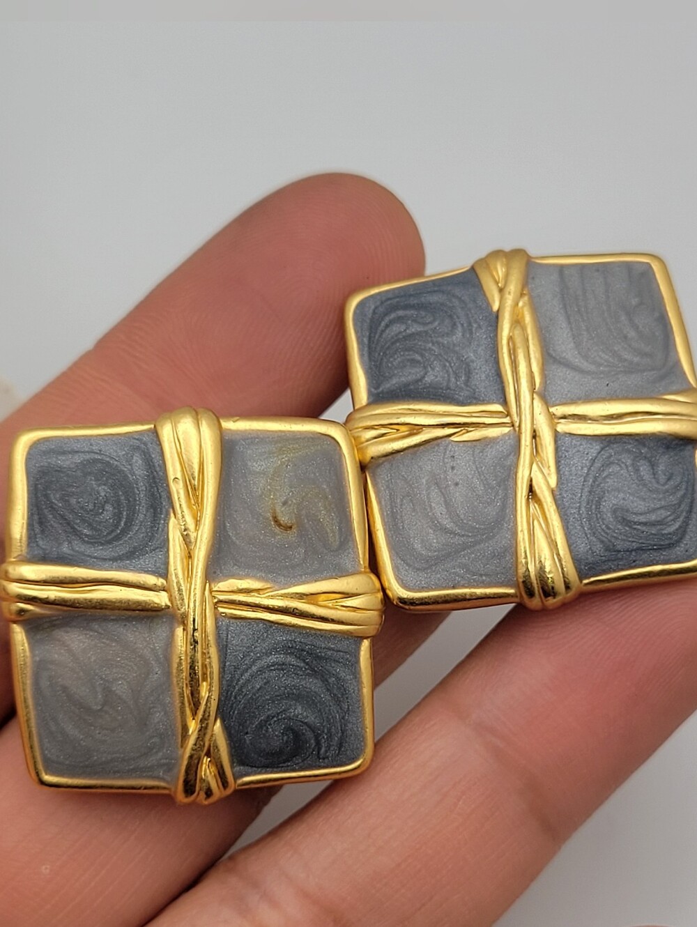 Gold-Trim Gray Swirl Square Clip Earrings